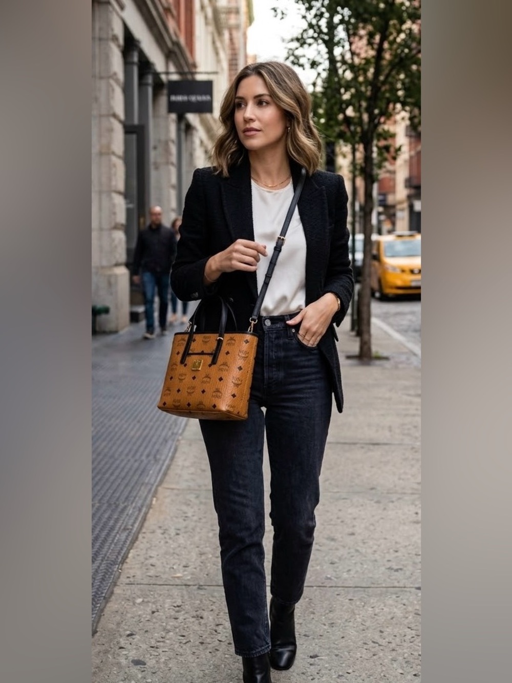 MCM Tan Visetos Logo Top-Handle Satchel with Black Accents